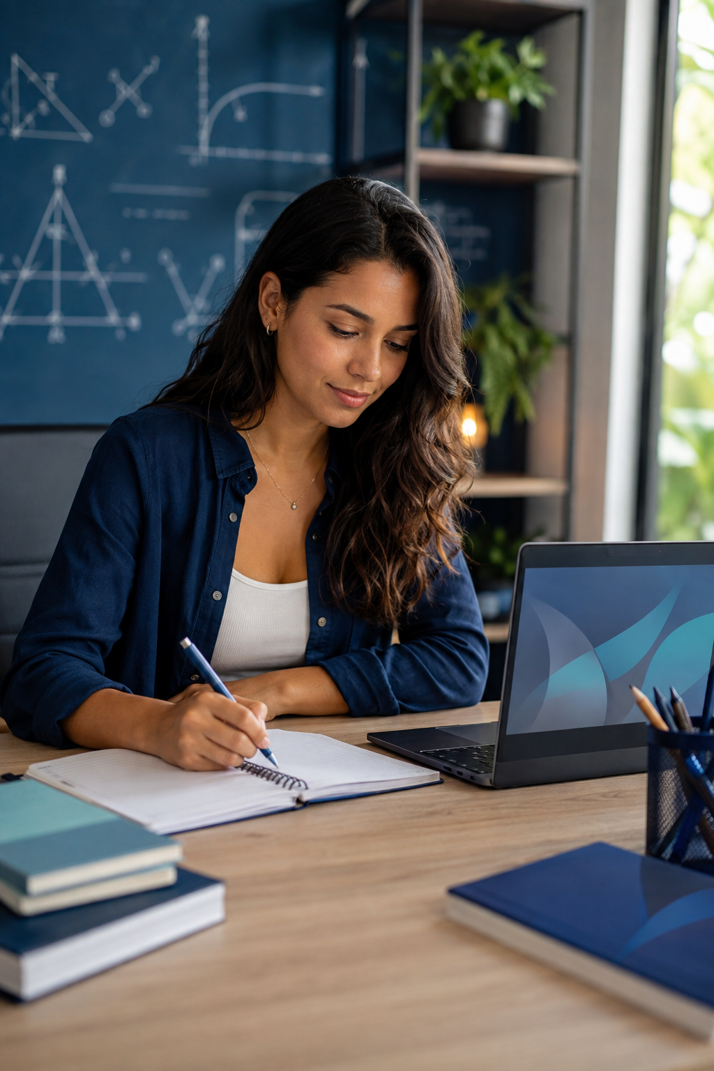 Jovem educadora planejando conteúdos digitais em um ambiente de estudo moderno