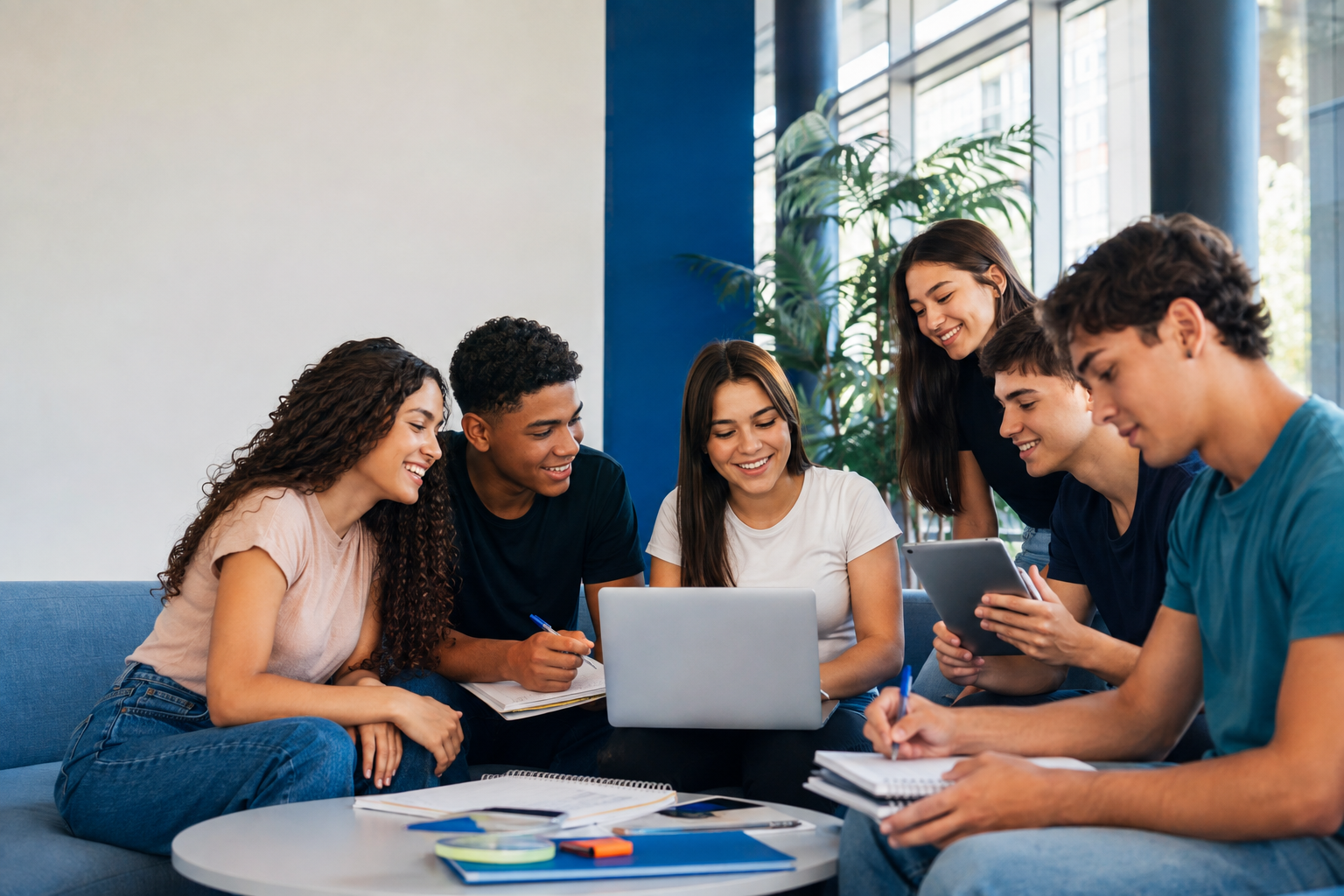 Adolescentes e jovens estudando juntos com notebook e material de apoio